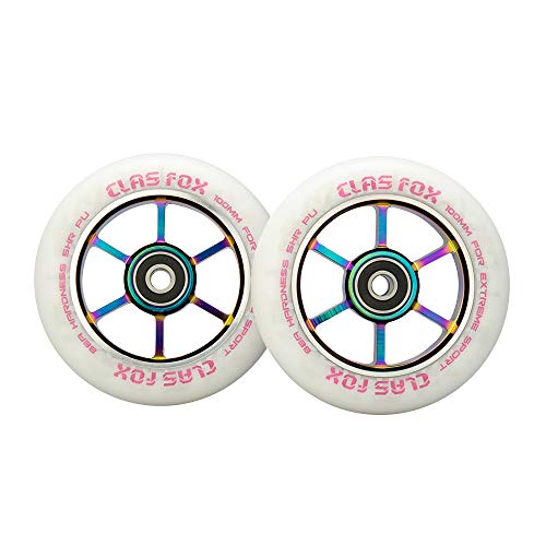 CLAS FOX Ruedas de Scooter Profesional para Acrobacias 110mm con ABEC-9 rodamientos núcleo metálico(2pcs) (Arco Iris Blanco)