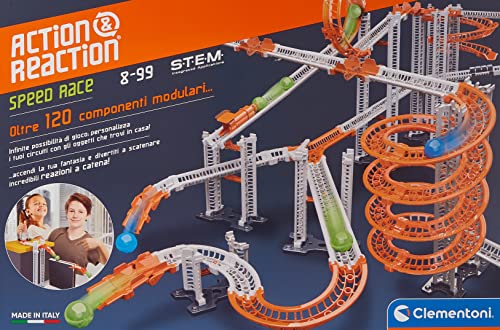 Clementoni- Acción & Reacción Speed Race, construcción, Pista de Bolas para niños, Marble Run, Juego científico 8 años, Fabricado en Italia, Multicolor (19260)