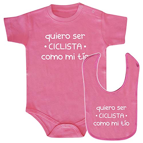 ClickInk Pack body y babero Ciclista como mi tío. Regalo bebé. Regalo divertido y original. Babero friki. Bebe ciclista. Regalo ciclismo. Body y babero de algodón. (Rosa, 9 meses)