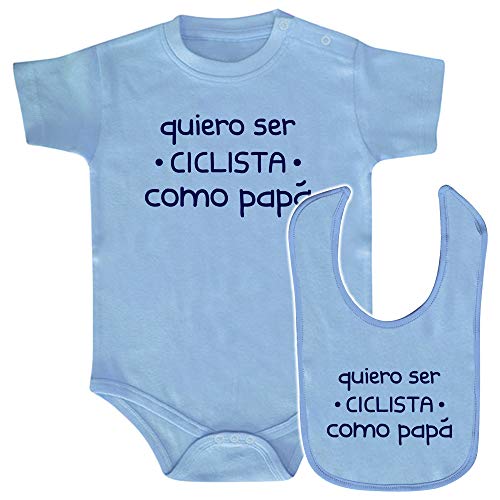 ClickInk Pack body y babero Ciclista como papá. Regalo bebé. Regalo divertido y original. Babero friki. Bebe ciclista. Regalo ciclismo. Body bebé algodón. (azul, 3 meses)