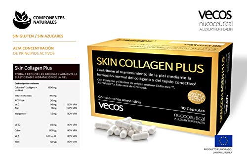 Colágeno con elastina para el cuidado de la piel – Anti arrugas con vitaminas A, B2, C, yodo, cobre y zinc para la hidratación de la dermis – 90 cápsulas