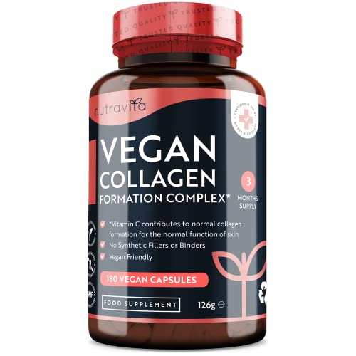 Colágeno Vegano 180 Cápsulas - Suministro De 3 Meses - Alternativa de Colágeno Vegano con Zinc, Vitamina E y Vitamina C - Pigmentación Normal de la Piel y Formación de Colágeno - Nutravita