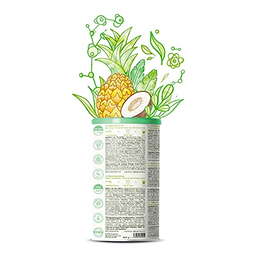 Colágeno Verde - Colágeno, Elastina marina, Ácido Hialurónico - Elixir de belleza rico en nutrientes con probióticos - sabor a coco y piña 400 g en polvo