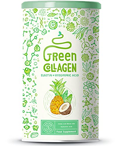 Colágeno Verde - Colágeno, Elastina marina, Ácido Hialurónico - Elixir de belleza rico en nutrientes con probióticos - sabor a coco y piña 400 g en polvo