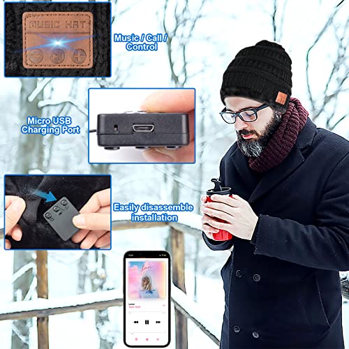 Comfine Gorros de invierno para hombre y mujer, cálidos, color negro, gorro de punto, resistente al viento, unisex, juego de gorro Bluetooth, regalo para hombres