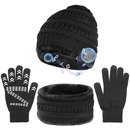 Comfine Gorros de invierno para hombre y mujer, cálidos, color negro, gorro de punto, resistente al viento, unisex, juego de gorro Bluetooth, regalo para hombres