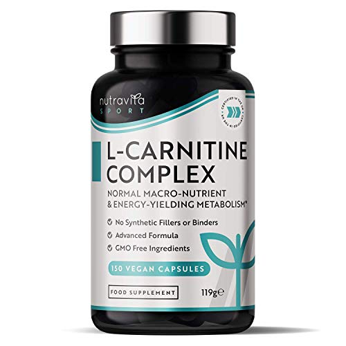 Complejo de L-Carnitina - Cápsulas de alta resistencia con riboflavina, biotina, cromo, vitamina D, B3 y B6 añadidos - Metabolismo de macronutrientes y producción de energía - 150 cápsulas - Nutravita