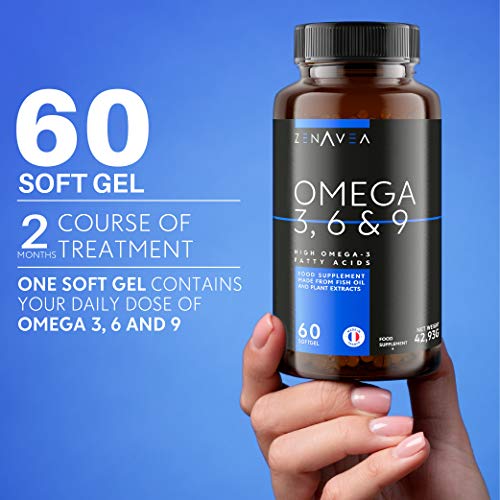 Complemento Alimenticio Omega 3 6 9-60 Omega 3 6 9 Capsulas Fáciles de Ingerir - Pastillas de Aceite de Pescado con Extractos de Plantas - Fabricado en Francia - Zenavea