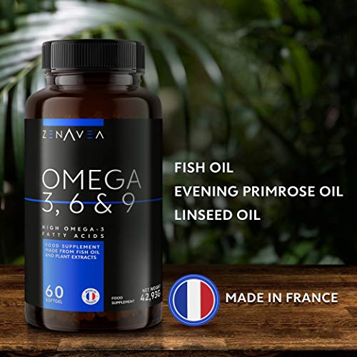 Complemento Alimenticio Omega 3 6 9-60 Omega 3 6 9 Capsulas Fáciles de Ingerir - Pastillas de Aceite de Pescado con Extractos de Plantas - Fabricado en Francia - Zenavea