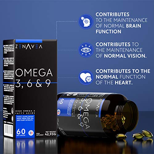 Complemento Alimenticio Omega 3 6 9-60 Omega 3 6 9 Capsulas Fáciles de Ingerir - Pastillas de Aceite de Pescado con Extractos de Plantas - Fabricado en Francia - Zenavea