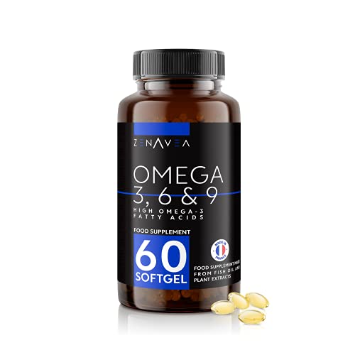 Complemento Alimenticio Omega 3 6 9-60 Omega 3 6 9 Capsulas Fáciles de Ingerir - Pastillas de Aceite de Pescado con Extractos de Plantas - Fabricado en Francia - Zenavea