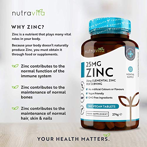 Comprimidos de zinc de 25mg–365 comprimidos veganos (suministro para 1 año)-para el mantenimiento propicio de un sistema inmunitario, huesos, cabello, piel y uñas–fabricado por Nutravita