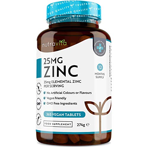 Comprimidos de zinc de 25mg–365 comprimidos veganos (suministro para 1 año)-para el mantenimiento propicio de un sistema inmunitario, huesos, cabello, piel y uñas–fabricado por Nutravita