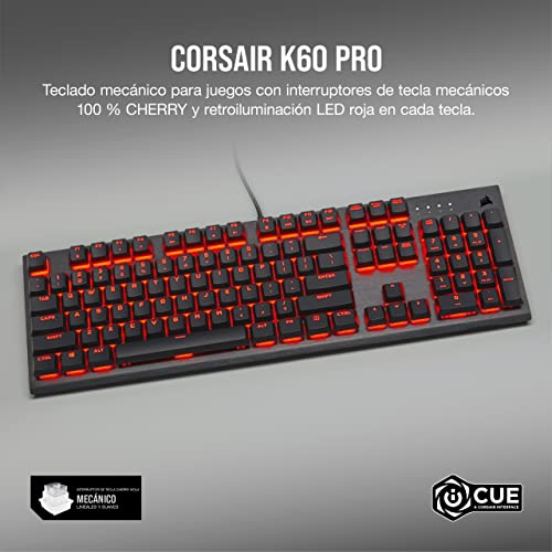 Corsair K60 PRO Teclado mecánico para juegos (Interruptores mecánicos CHERRY VIOLA: Suave y Rápido, Estructura de aluminio duradero, Retroiluminación LED roja en cada tecla) QWERTY, Negro