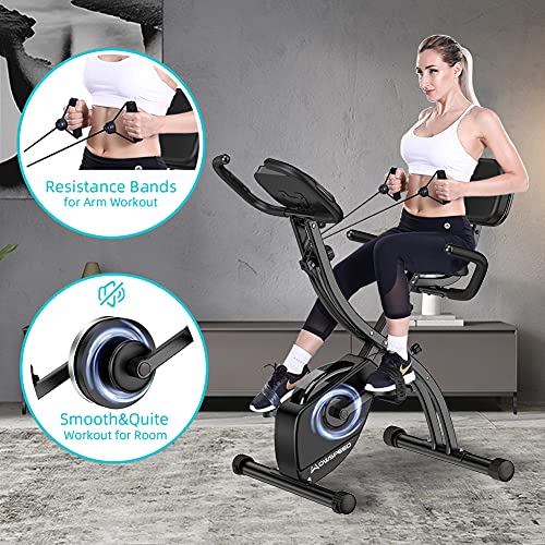 CosHall Bicicleta Estática Plegable, Entrenamiento Aeróbico,Bicicleta de Ejercicio Fitness con Respaldo, Nivel deRresistencia Ajustable, Sensor de Pulso Manual, Pantalla LCD