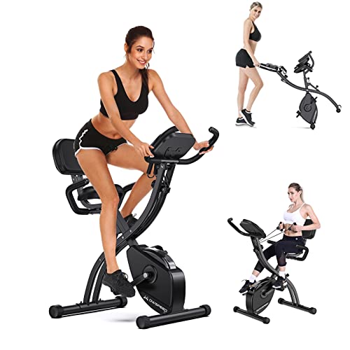 CosHall Bicicleta Estática Plegable, Entrenamiento Aeróbico,Bicicleta de Ejercicio Fitness con Respaldo, Nivel deRresistencia Ajustable, Sensor de Pulso Manual, Pantalla LCD