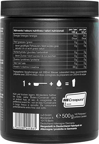 Creatina creapure en polvo - 500g de creatina pura - 100% monohidrato CREAPURE - Especial para atletas - Para mejorar el rendimiento en el entrenamiento - Suplemento para desarrollo muscular - de nu3