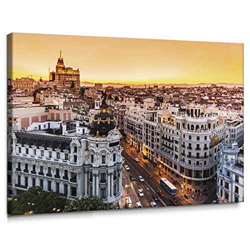 Cuadro de Gran Vía de Madrid en Lienzo de 100 x 70 cm, Decoración para Pared de Salón, Dormitorio y Oficina, Impreso en Lienzo y Enmarcado sobre Bastidor de Madera, LEN-039