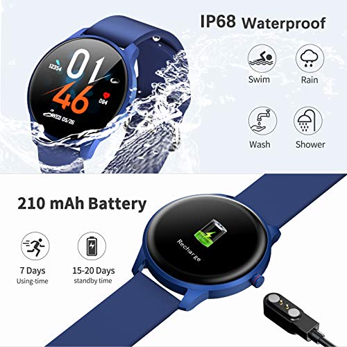 CUBOT reloj inteligente para hombres, reloj de fitness, pantalla táctil de 1.3 pulgadas, IP68 a prueba de agua, monitor de frecuencia cardíaca, podómetro, con monitor de sueño, Android / iOS, azul