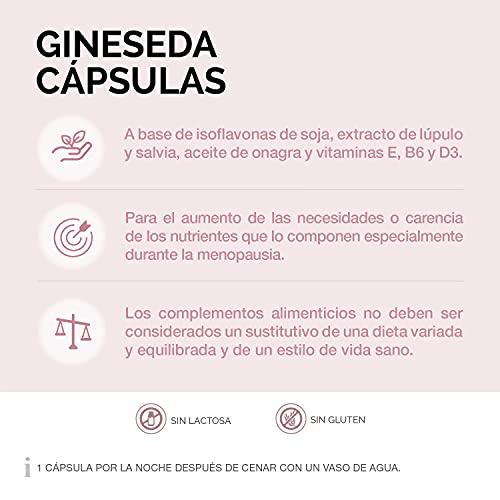 Cumlaude Gineseda - Complemento Alimenticio para Aliviar los Síntomas de la Menopausia - con Isoflavonas de Soja - 30 Cápsulas