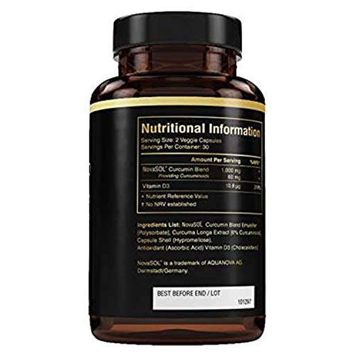 Curcumina líquida Optisorb con vitamina D - 60 Liqcaps | 185x Biodisponibilidad de cúrcuma y curcumina - Ultra Biodisponible | Cápsulas líquidas con 500 mg de NovaSOL® por cápsula