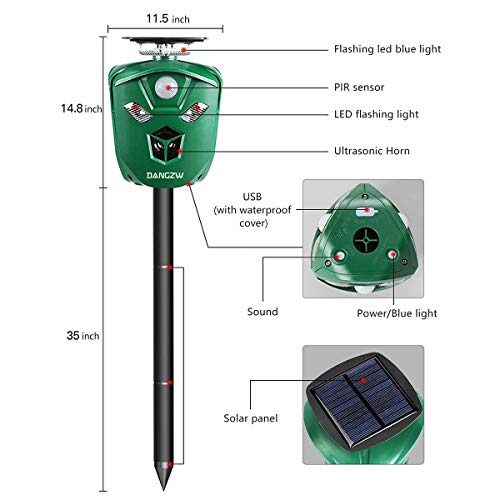 DANGZW Repelente de Gatos 2 en 1 USB y con Energía Solar, Repelente Ultrasónico Impermeable IP65 con Estaca en el Suelo, Disuasivo para Gatos, Perros, Zorros, Ratones, Martas