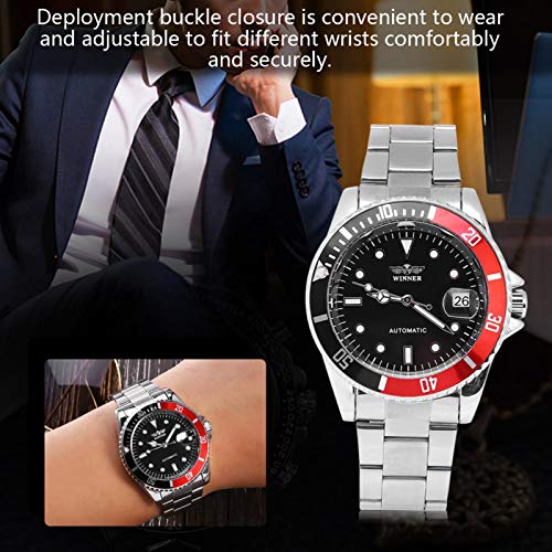 DAUERHAFT Reloj mecánico automático Masculino de 3 Colores, con Pantalla de 12 Horas, Reloj de Pulsera con Banda de Acero Inoxidable, para Diversos atuendos y Ocasiones(Negro Rojo)