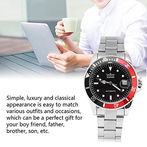 DAUERHAFT Reloj mecánico automático Masculino de 3 Colores, con Pantalla de 12 Horas, Reloj de Pulsera con Banda de Acero Inoxidable, para Diversos atuendos y Ocasiones(Negro Rojo)