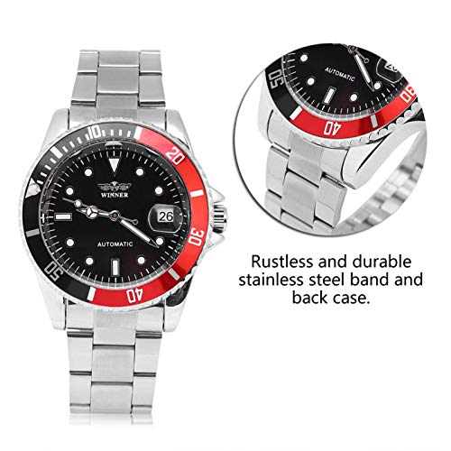 DAUERHAFT Reloj mecánico automático Masculino de 3 Colores, con Pantalla de 12 Horas, Reloj de Pulsera con Banda de Acero Inoxidable, para Diversos atuendos y Ocasiones(Negro Rojo)