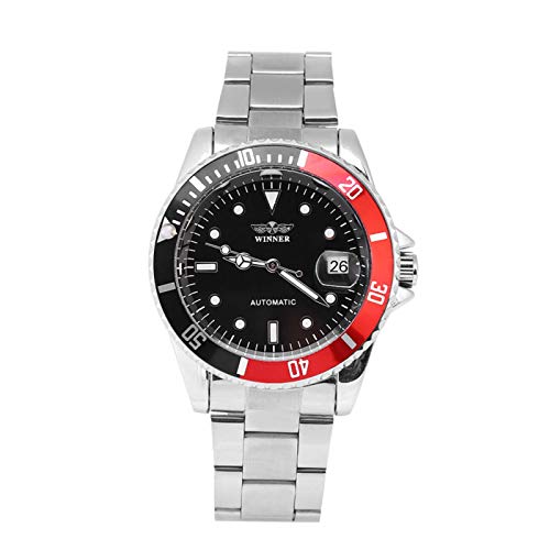 DAUERHAFT Reloj mecánico automático Masculino de 3 Colores, con Pantalla de 12 Horas, Reloj de Pulsera con Banda de Acero Inoxidable, para Diversos atuendos y Ocasiones(Negro Rojo)