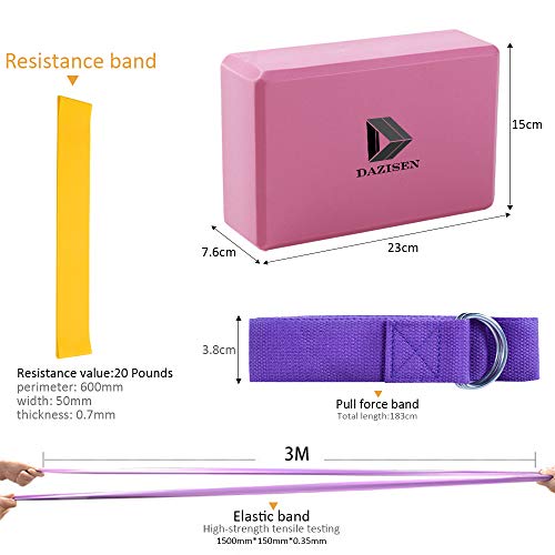 DAZISEN Set Yoga - Bloques y Cinturón de Yoga Bandas de Ejercicio de Resistencia al Estiramiento,Violet+Amarillo,A:2 Bloques+3 Modelos de Correa