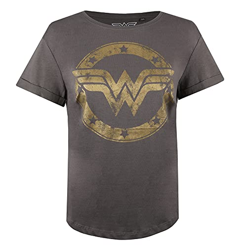DC Comics Wonder Woman Metallic Logo Camiseta, Gris (Charcoal Cha), 38 (Talla del Fabricante: Small) para Mujer