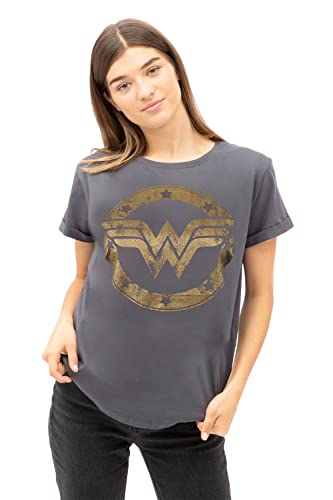 DC Comics Wonder Woman Metallic Logo Camiseta, Gris (Charcoal Cha), 38 (Talla del Fabricante: Small) para Mujer