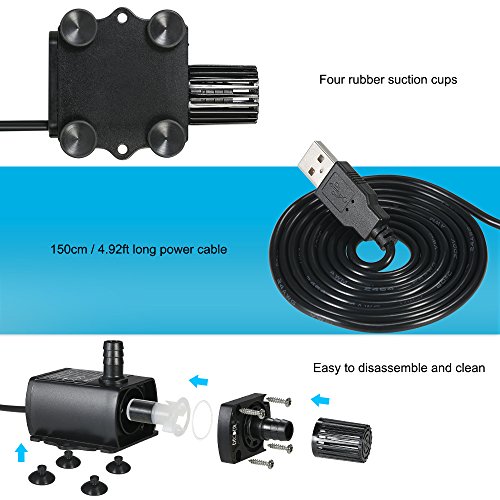 Decdeal USB DC5V 2.4W 250L/H Elevación 200cm Mini Bomba de Agua Ultrasilencioso, Sin Cepillo, Impermeable, Sumergible, para Circulación de Fuente Acuario