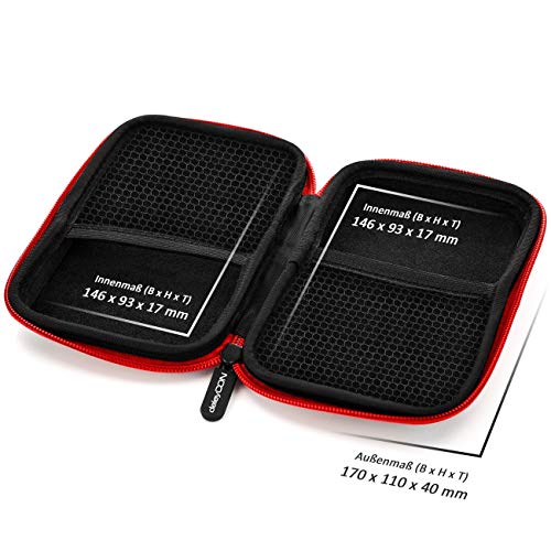 deleyCON Navi Case Funda para Dispositivos de Navegación de hasta 4,3" & 5" Pulgadas (14,6x9,3x3,4cm) - Sólida - Dos Compartimentos Interiores - Rojo