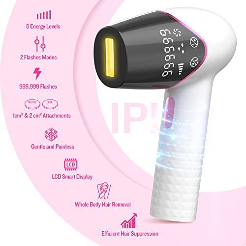 Depiladora de Luz Pulsada IPL 999,999 Flashes, Depilación Permanente, Cabezales Precisiones Alternativos, 2 Modos, Sistemas de Depilación Dispositivo Profesional para Todo el Cuerpo, Eficaz e Indoloro