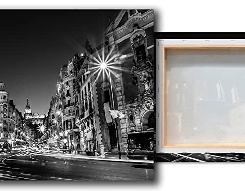 Desconocido Cuadro Lienzo Canvas Gran Via de Madrid Noche Luces Blanco y Negro – Varias Medidas - Lienzo de Tela Bastidor Madera de 3 cm - Impresion Alta resolucion (50, 33)