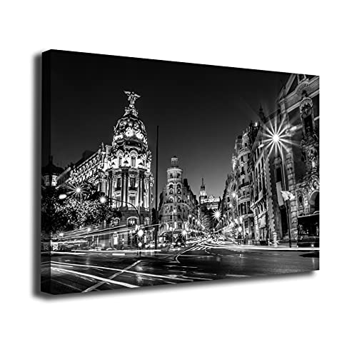 Desconocido Cuadro Lienzo Canvas Gran Via de Madrid Noche Luces Blanco y Negro – Varias Medidas - Lienzo de Tela Bastidor Madera de 3 cm - Impresion Alta resolucion (50, 33)