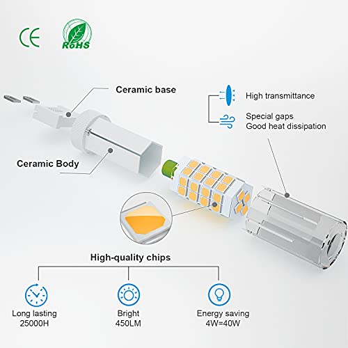 DiCUNO G9 Bombilla LED 4W (40W Bombilla Halógena Equivalente), 450LM, Ahorro de energía, Blanco cálido 3000K, AC100-240V, No-regulables, Base ceramica, 360 Grados ángulo, Paquete de 6