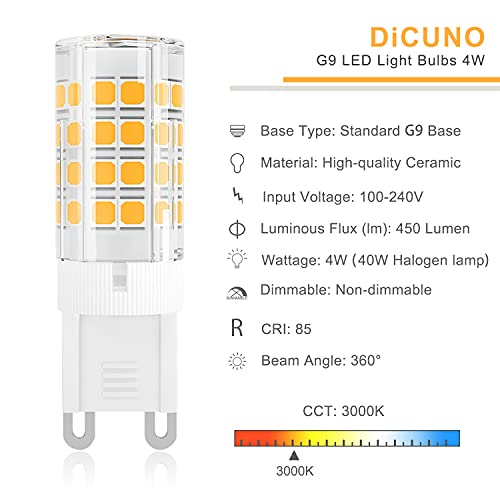 DiCUNO G9 Bombilla LED 4W (40W Bombilla Halógena Equivalente), 450LM, Ahorro de energía, Blanco cálido 3000K, AC100-240V, No-regulables, Base ceramica, 360 Grados ángulo, Paquete de 6