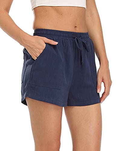 Dilgul Pantalones Cortos Mujer Casual Lino Suave Cordón Cintura Pantalones de Algodón con Bolsillos de Parche Azul Oscuro M