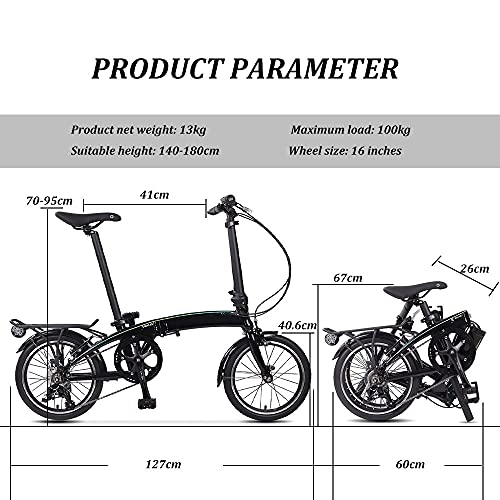 DODOBD Bicicleta Plegable, Bicicleta Ultraligera de 16 Pulgadas, 3 Velocidades Velocidad Variable para Trabajo Ligero con Luces Traseras, Bicicleta portátil para Adultos Hombres y Mujeres