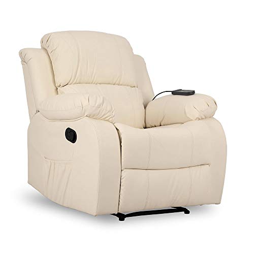 Don Descanso - Sillón Masaje Relax Calor Trevi Crema Reclinable 160º con 8 Motores Silenciosos, Calor Lumbar, Sist. Masaje 4 Zonas y Acabado en PU Anti-Cuarteo [Incluye Mando]. Ideal Gente Mayor