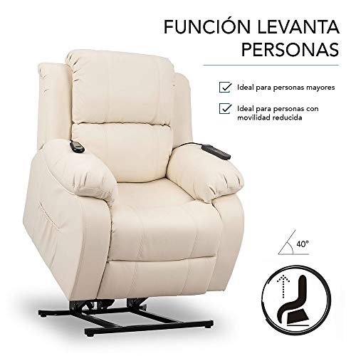 Don Descanso - Sillón Relax Eléctrico Levanta Personas Trevi Crema con Reclinación 160º, 10 Programas, Temporizador, Calor Lumbar, Sist. Masaje 4 Zonas y Acabado PU [Incluye Mando]. Ideal Gente Mayor