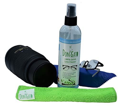 Don Gato - Liquido Limpiador en Spray para Gafas y Lentes (250 ml) + 2 paños de Micro Fibra. Fabricado en España con Productos Naturales, sin Alcohol, sin amoniaco.