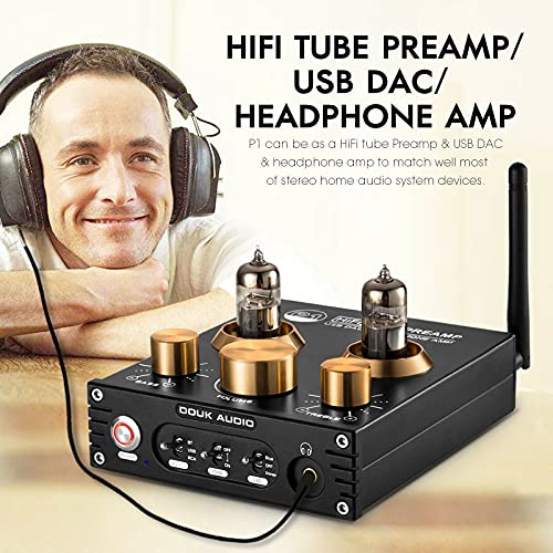 Douk Audio P1 - Tubo de vacío Bluetooth 5.0, preamplificador Hi-Fi para válvulas de auriculares, receptor inalámbrico de audio, decodificador preamplificador USB DAC APTX