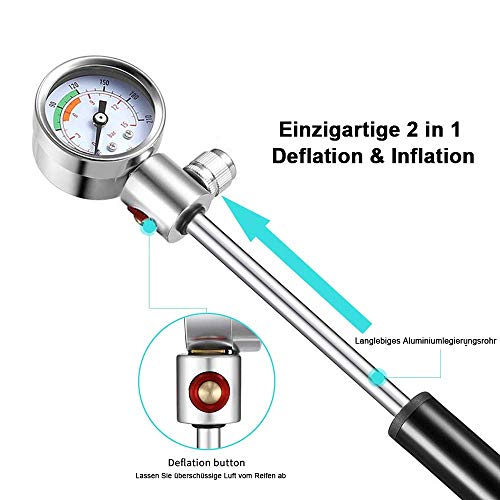 DreiWasser Mini bomba de bicicleta, bomba de aire para bicicleta con adaptador 2 en 1 para válvulas Presta y Schrader de hasta 210 psi de presión, bomba de aire con 3 adaptadores como bomba de bola