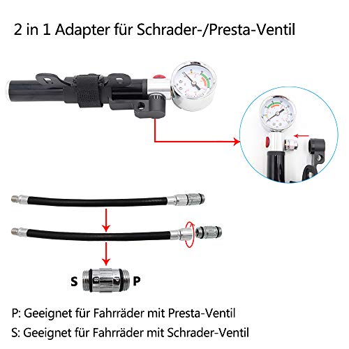 DreiWasser Mini bomba de bicicleta, bomba de aire para bicicleta con adaptador 2 en 1 para válvulas Presta y Schrader de hasta 210 psi de presión, bomba de aire con 3 adaptadores como bomba de bola