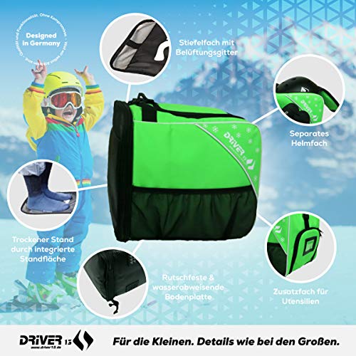 Driver13 ® Bolsa para Botas de esquí para niños Bolsa para Botas de esquí con Compartimento para el Casco para Botas duras y Blandas Patines en línea y Bolsa para Botas Verde