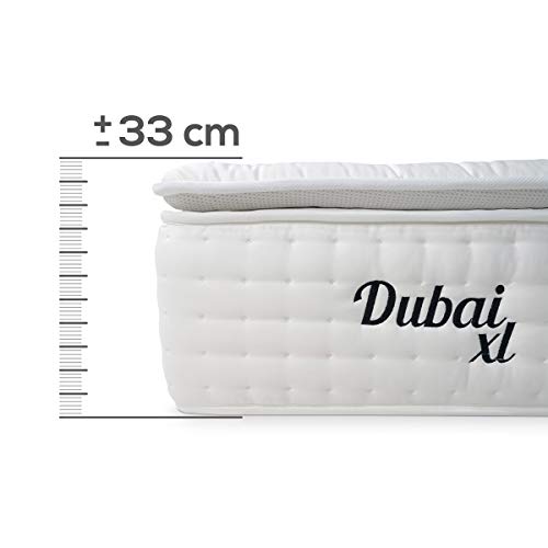 DUÉRMETE ONLINE Colchón Dubai XL Muelles Ensacados + Visco + Topper | Lujo y Confort | Altura 33cm | Tejido Viscosa Natural, Blanco, 90x180